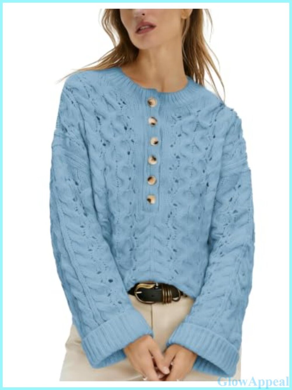 Cable Knit Henley Sweater Long Sleeve Relaxed Fit Pullover